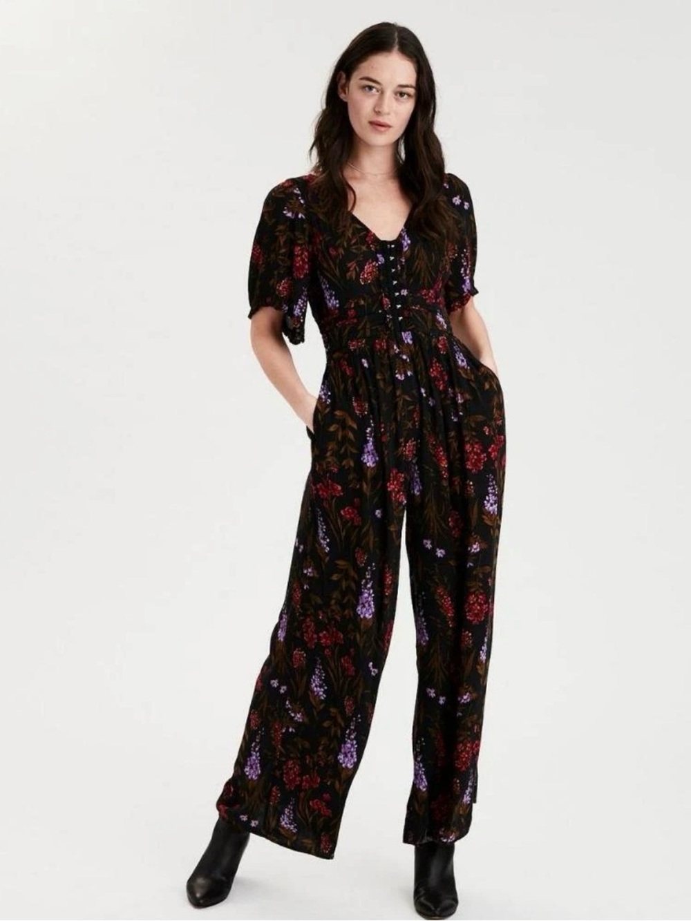 AE Black Floral Jumpsuit wide leg lightweight